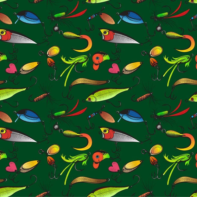 Fishing Lures Toss Green Cotton Fabric