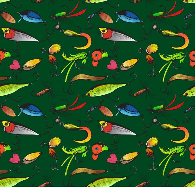 Fishing Lures Toss Green Cotton Fabric