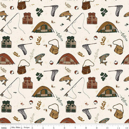 Let's Wander Gone Fishing Cream Cotton Fabric