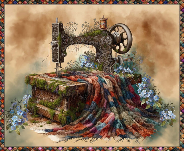 Forget Me Not Sewing Machine Panel Cotton Fabric