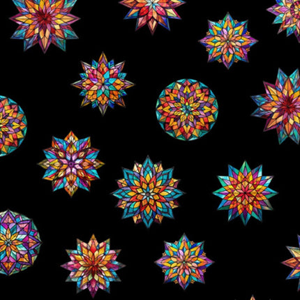 Radiant Reflection Stained Glass Stars Black Cotton Fabric