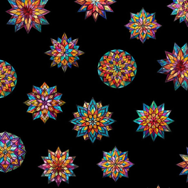 Radiant Reflection Stained Glass Stars Black Cotton Fabric