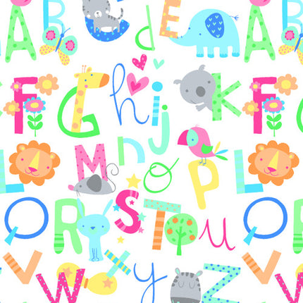 Alphabets and Animals White Flannel Fabric
