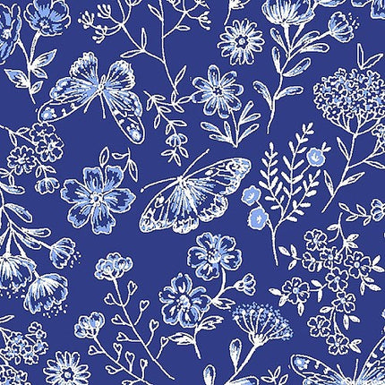 Butterfly Blues Floral Royal Cotton Fabric