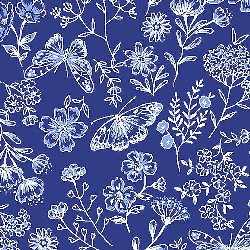Butterfly Blues Floral Royal Cotton Fabric