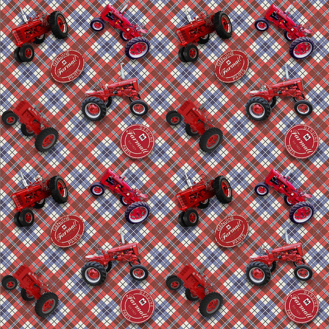 Farmall Tractors Toss On Plaid Cotton Fabric