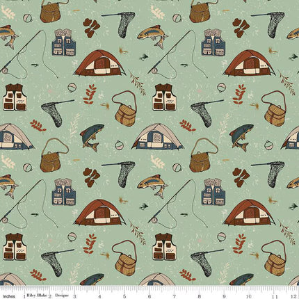 Let's Wander Gone Fishing Sage Cotton Fabric
