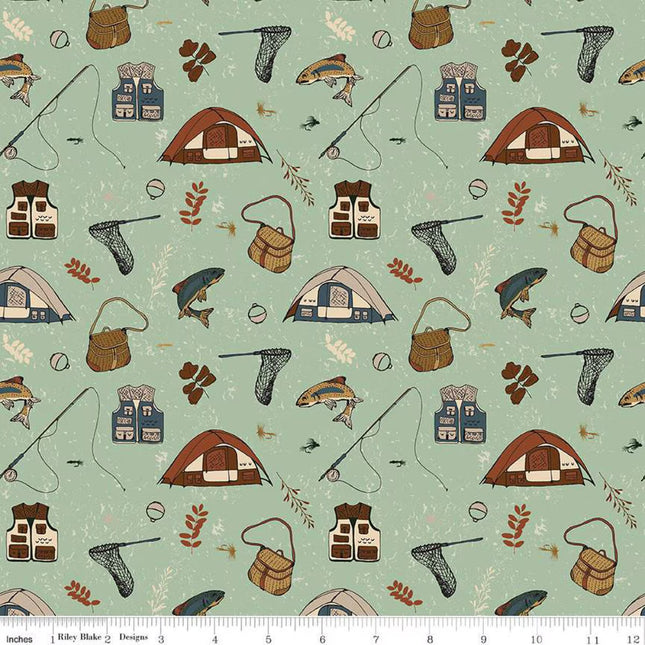 Pillowcase - Let's Wander Gone Fishing Sage Cotton