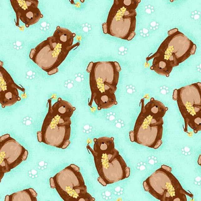 Bears and Flowers Turquoise Flannel Fabric