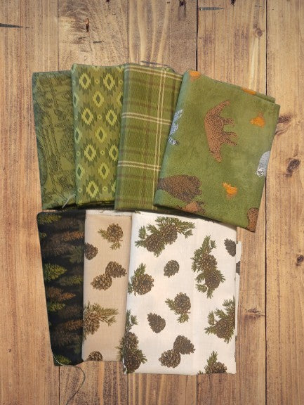 7 Half Yards -Assorted Pine Grove Wildlife Green Cotton Half Yard Bundle