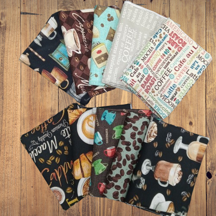Assorted Coffee Theme Cotton - 1/2 Yard Cuts -  10 Prints- Fabric Bundle