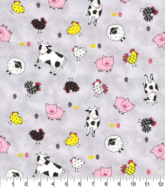 Farm Animals Gray Cotton Fabric
