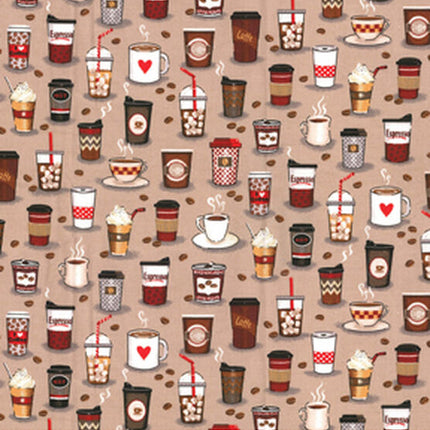 Coffee On Tan Cotton Fabric