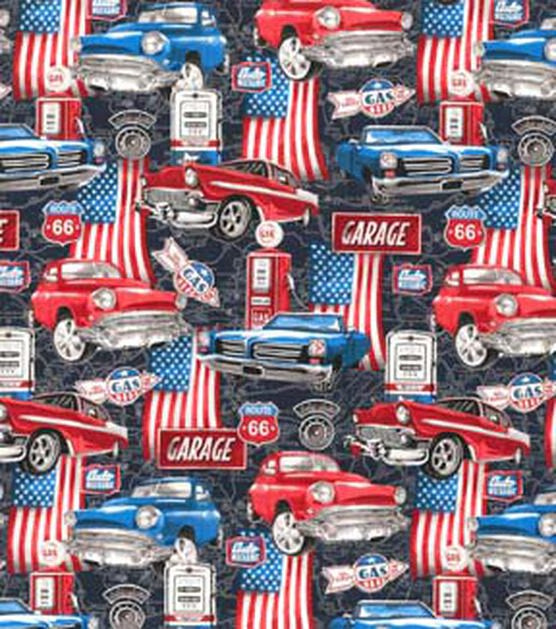 Car Travel Americana on Black Novelty Cotton Fabric