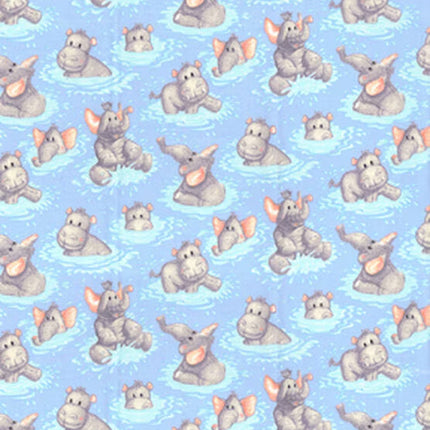 Hippo Babies Playing In Water Nursery Cotton Fabric