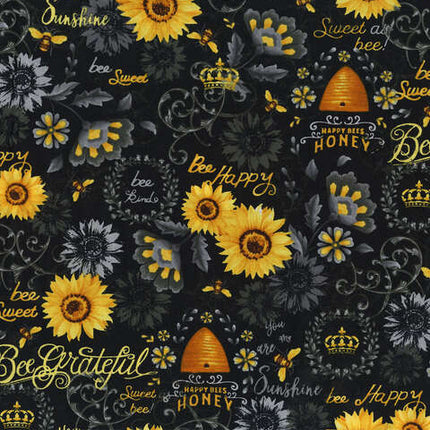 Handmade Valance or Curtain Panel Queen Bee and Sunflowers Black