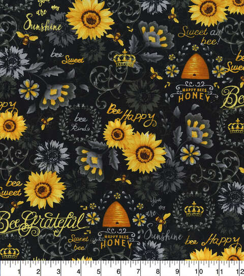 Handmade Valance or Curtain Panel Queen Bee and Sunflowers Black