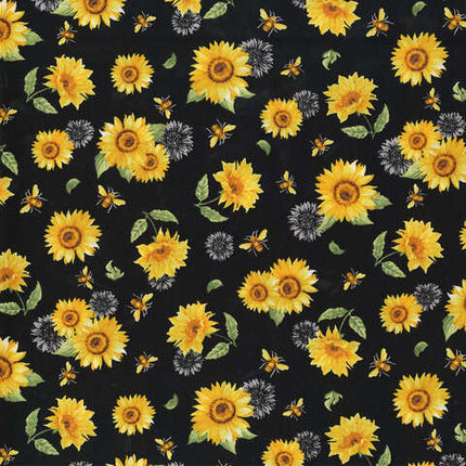 Handmade Valance or Curtain Panel Sunflowers And Bees Black