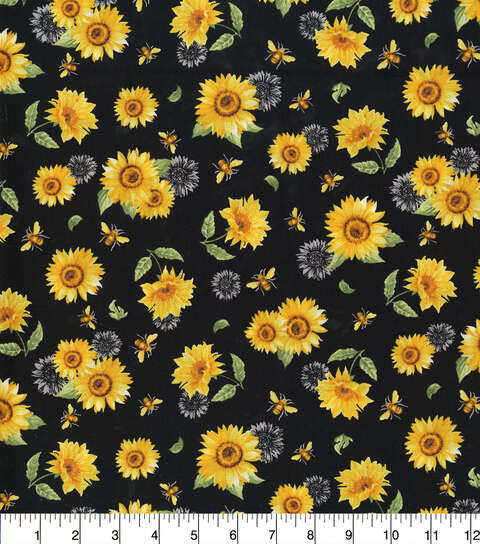 Handmade Valance or Curtain Panel Sunflowers And Bees Black
