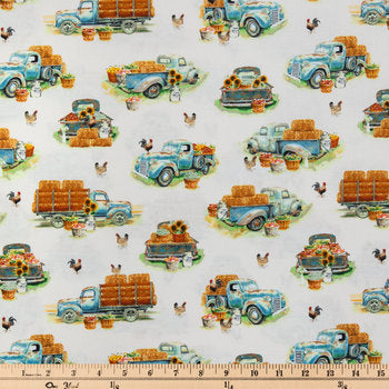 Blue Farm Trucks Calico Cotton Fabric