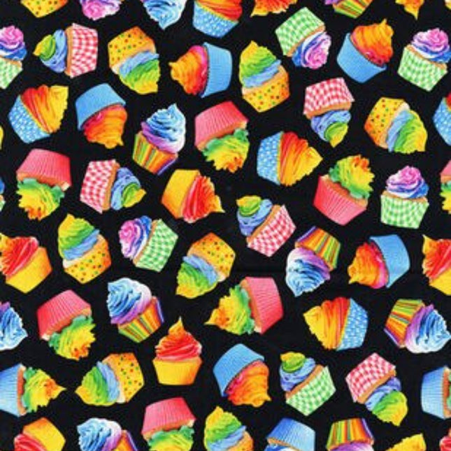 Tiedye Cupcakes on Black Cotton Fabric