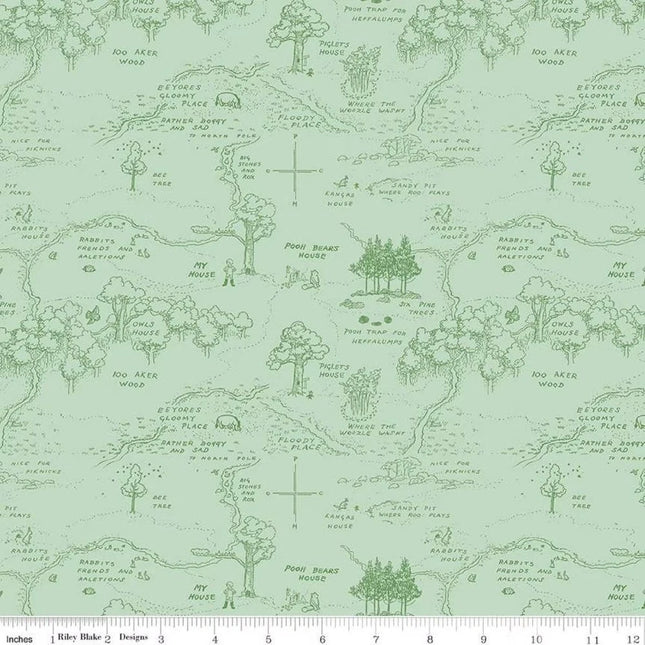 Winnie the Pooh Map Green Cotton Fabric
