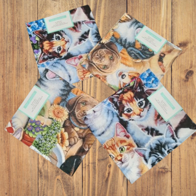 Puppies and Kittens Cotton Fabric - Fat Quarters (18"x22") Set of 4 Precut