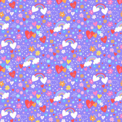 Playtime Hearts & Rainbows Purple Flannel Fabric