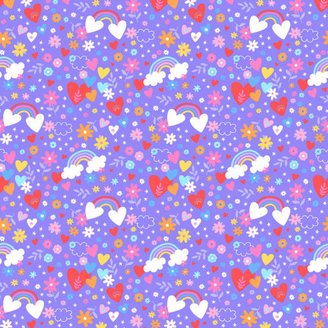 Playtime Hearts & Rainbows Purple Flannel Fabric