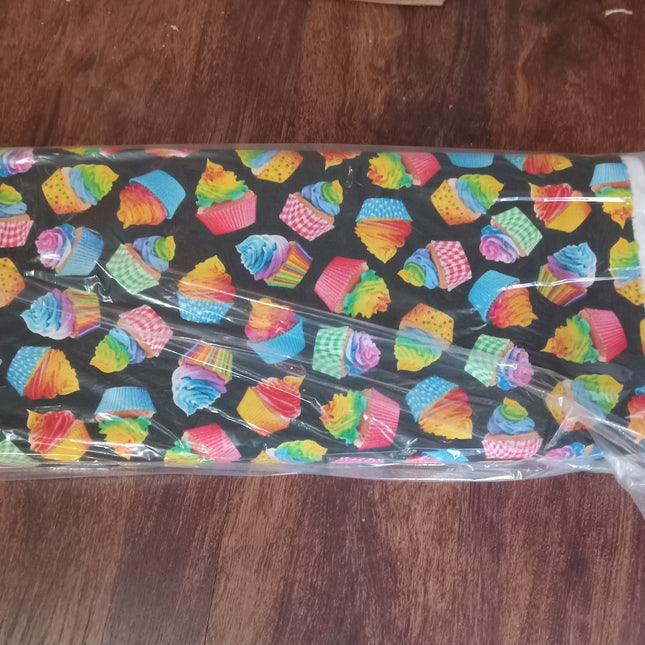 Tiedye Cupcakes on Black Cotton Fabric by the Bolt