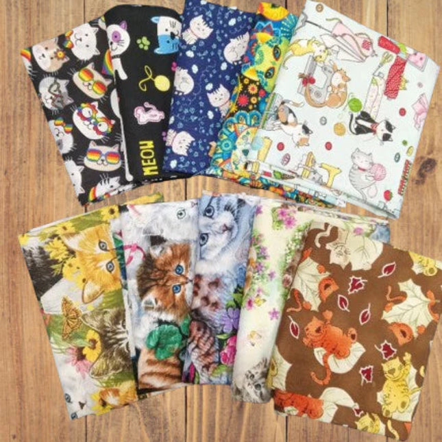 Assorted Cat Kitten Themed Fold Assortment 10 Yard Bundle Cotton Fabric