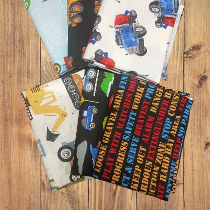 Assorted Construction Zone Heavy Equipment Flat Fold Assortment 6 Yard Bundle Cotton Fabric