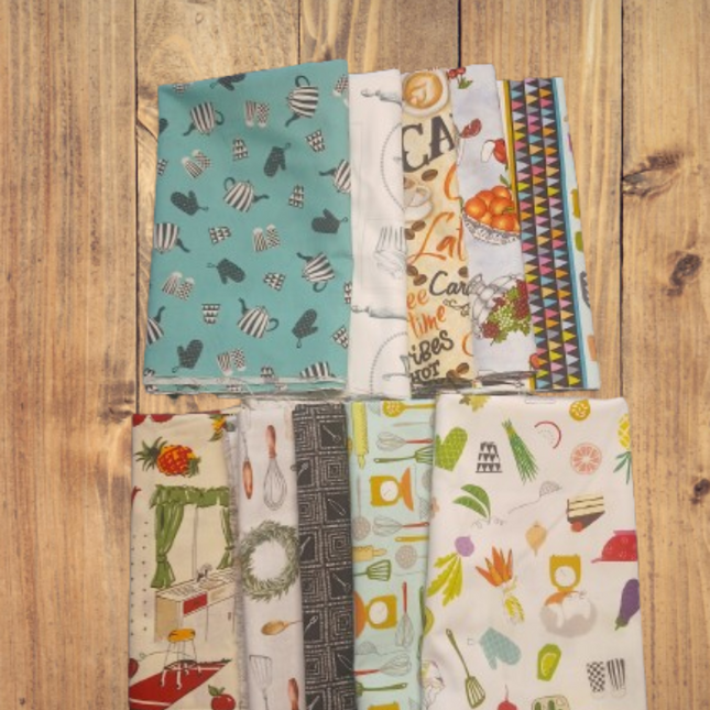 Assorted Kitchen Theme Cotton - 1/2 Yard Cuts -  10 Prints- Fabric Bundle