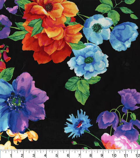 Handmade Valance or Curtain Panel Vibrant Floral On Black Large