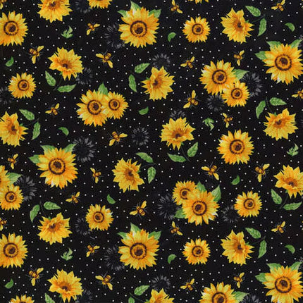 Handmade Valance or Curtain Panel Sunflowers And Bees Speckled Black