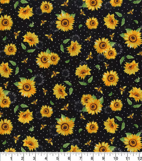Handmade Valance or Curtain Panel Sunflowers And Bees Speckled Black