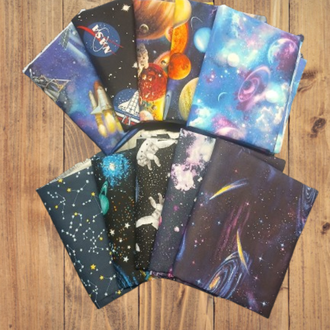 Assorted Outer Space, Astronomy, NASA Cotton - 1/2 Yard Cuts -  10 Prints- Fabric Bundle
