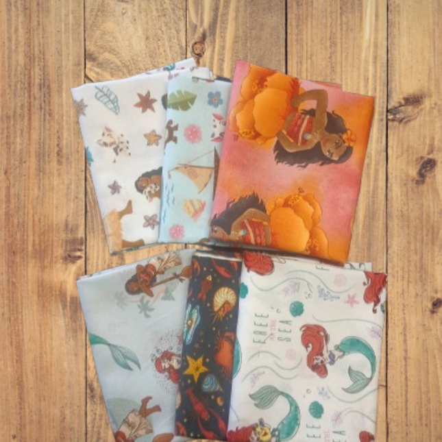 6 Fat Quarters - Assorted Ocean Princesses Ariel Moana and Friends Fat Quarter Bundle