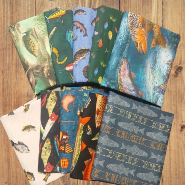 10 Fat Quarters -  Assorted Fishing & Fish Fat Quarter Bundle