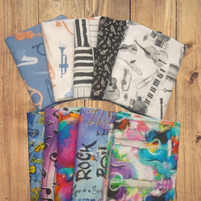 10 Fat Quarters -  Assorted Music Rythm and Hues Themed Fat Quarter Bundle