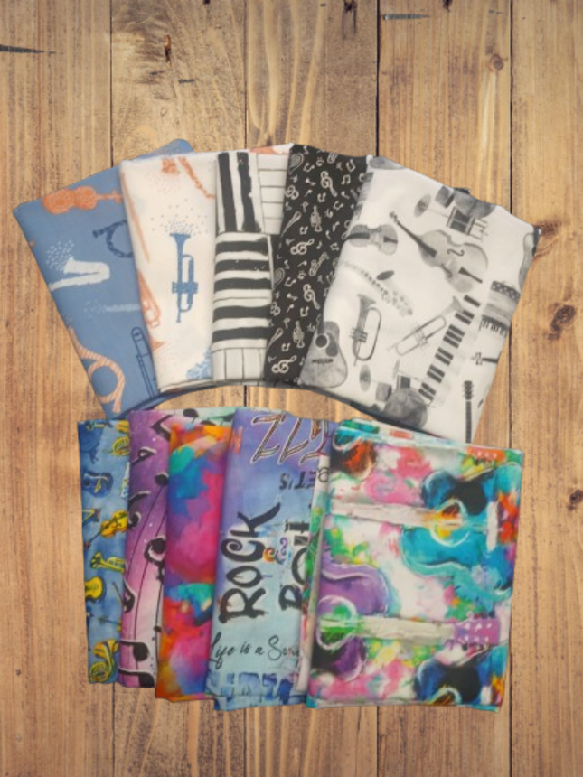 10 Fat Quarters -  Assorted Music Rythm and Hues Themed Fat Quarter Bundle