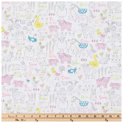 Pastel Farm Animals Cotton Calico Fabric