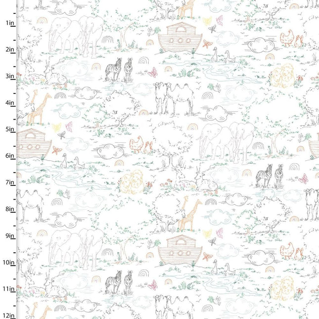 Two by Two Scenic Outline White Cotton Fabric
