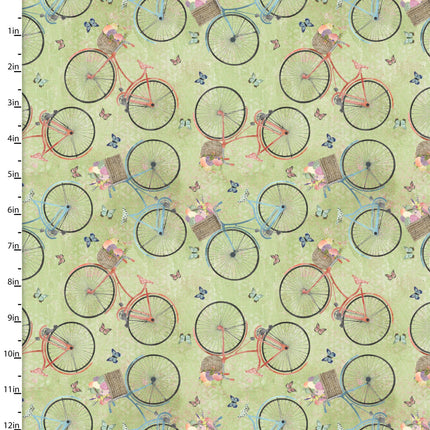 Bunny Kisses & Easter Wishes Blooming Bicycles Green Cotton Fabric