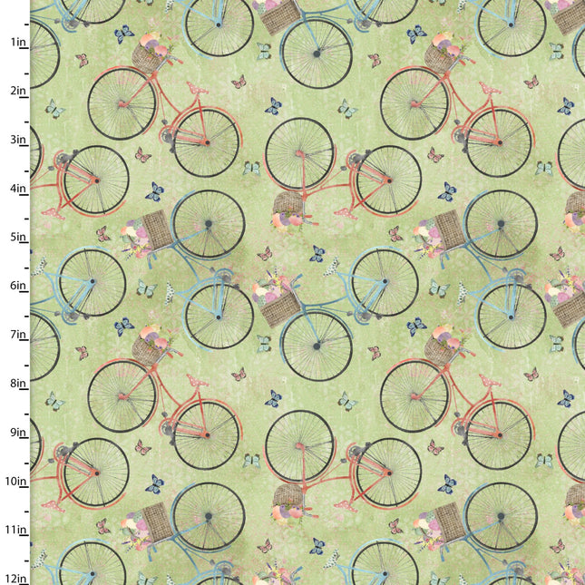 Bunny Kisses & Easter Wishes Blooming Bicycles Green Cotton Fabric