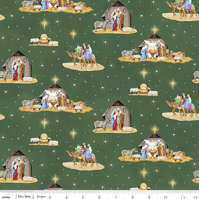 Come Let Us Adore Him Main Green Cotton Fabric
