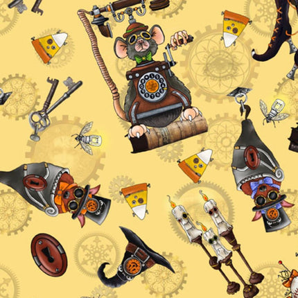 Steampunk Holloween 2 Toss Yellow Cotton Fabric