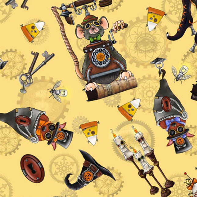 Steampunk Holloween 2 Toss Yellow Cotton Fabric