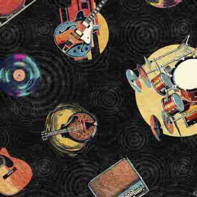 Rock n Roll Fantasy Musical Instruments Black Cotton Fabric