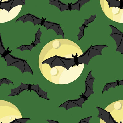 Bat Moon Allover Green Cotton Fabric